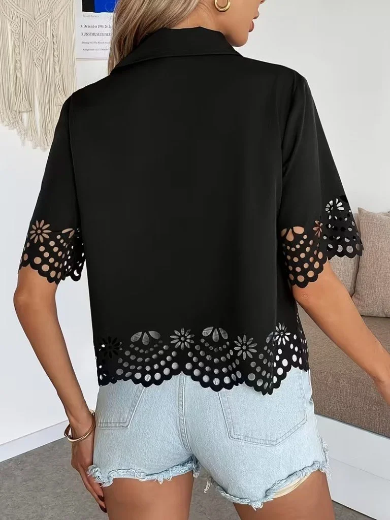 Kadın Kısa Kollu Yakalı önden Düğmeli Dubai Gömlek Bluz görsel 4