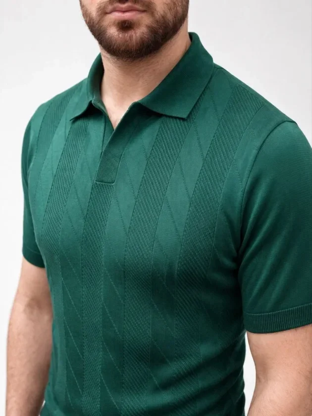 Erkek Yazlık Triko Dokuma Tişört Kısa Kol Polo Yaka T-Shirt - Koyu Yeşil