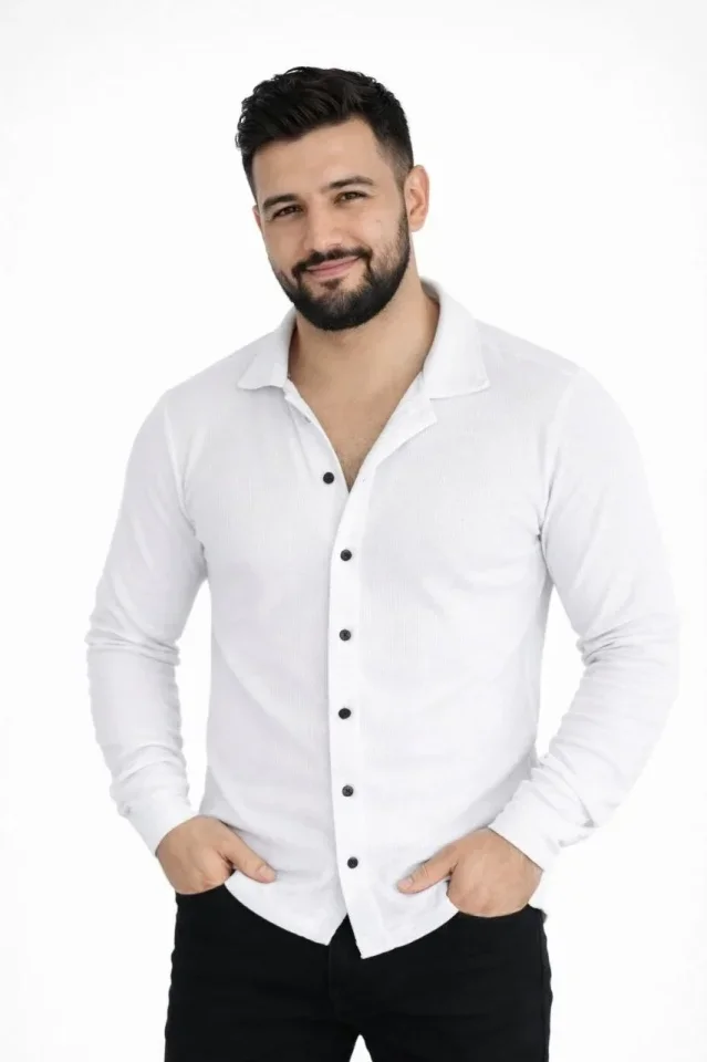 Erkek Waffle Kumaş Uzun Kollu Düğmeli Açık Yaka Regular Fit Gömlek - Beyaz görsel 3