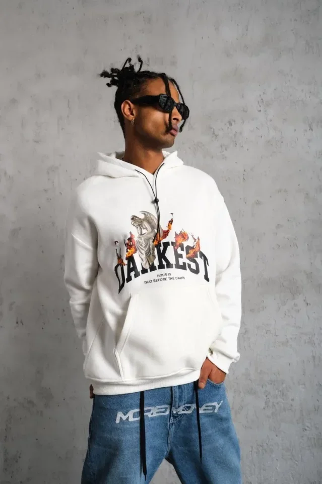 Erkek DANKES Baskılı Kapüşonlu Sweat - Beyaz görsel 4
