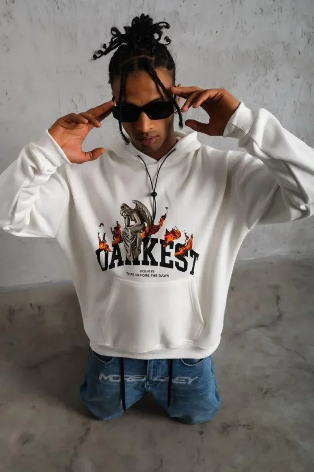 Erkek DANKES Baskılı Kapüşonlu Sweat - Beyaz görsel 3