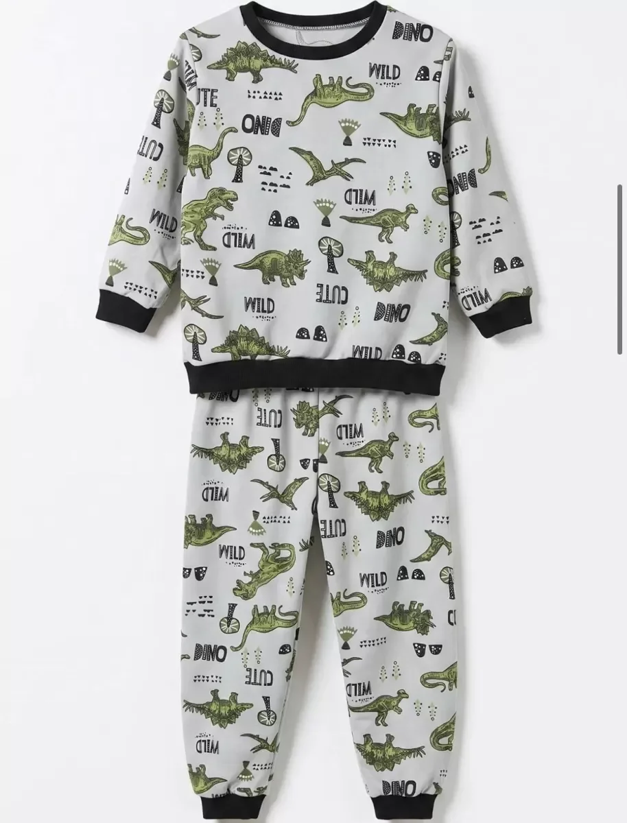 4/10 Yaş Dino Baskılı Pamuk Penye Çocuk Pijama Takımı görsel 2