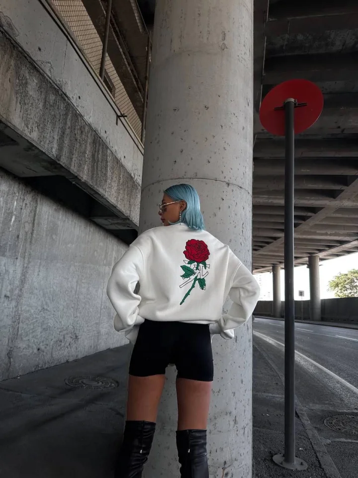 Oversize Üç İplik Bisiklet Yaka Baskılı SweatShirt - Beyaz görsel 3