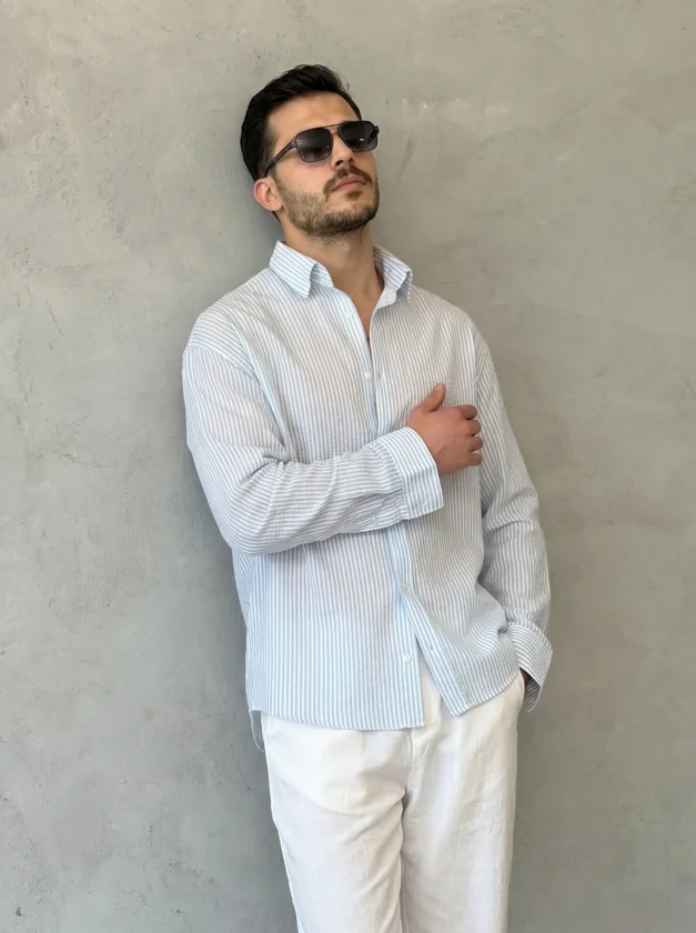 Erkek İnce Çizgili Gofre Kumaş Rahat Kalıp Gömlek görsel 3