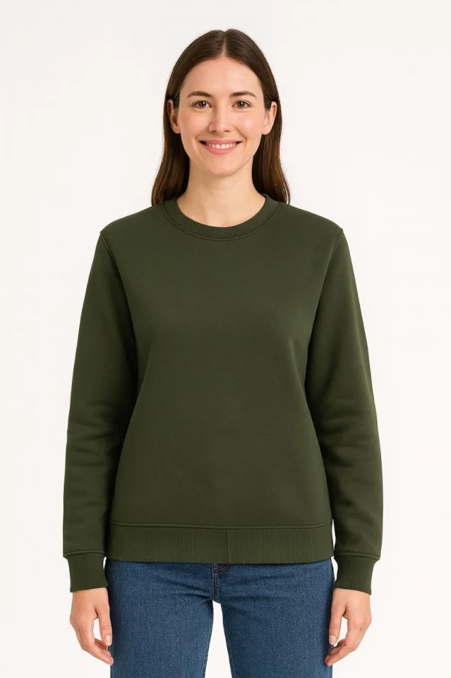 Üç İplik Düz Bisiklet Yaka SweatShirt - Haki görsel 2