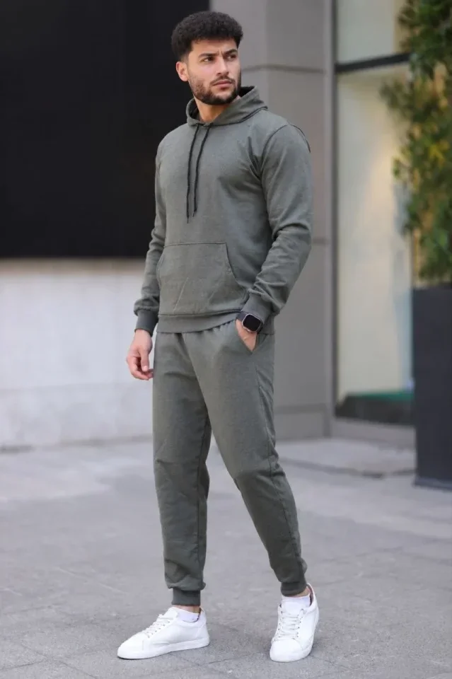Erkek İki İplik Kapüşonlu Kanguru Cepli Sweatshirt Jogger Pantolon Alt Üst Eşofman Takımı - Haki görsel 4
