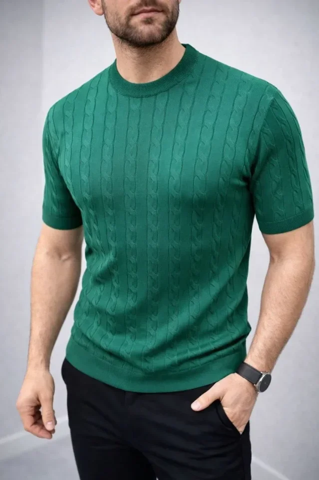 Erkek Yazlık Triko Dokuma Tişört Kısa Kol Bisiklet Yaka Örgü Desenli T-Shirt - Haki görsel 2