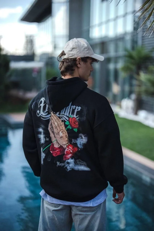 Üç İplik Penye Kapşonlu Baskılı SweatShirt - Siyah görsel 3