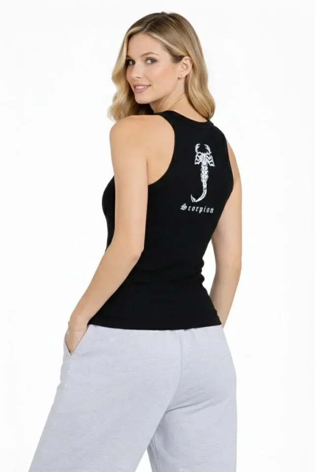 Fitilli Atlet Sıfır Yaka Slim Fit Arka Baskılı Spor Atlet - Siyah görsel 2