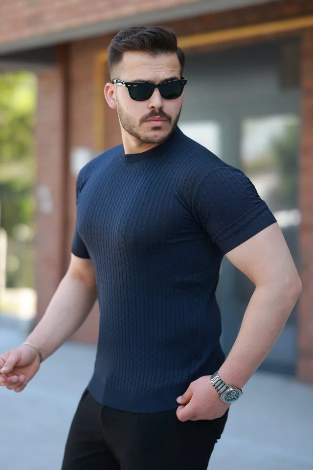 Erkek Bisiklet Yaka örgü Desenli Kısa örme Triko Kısa Kollu T-shirt görsel 2