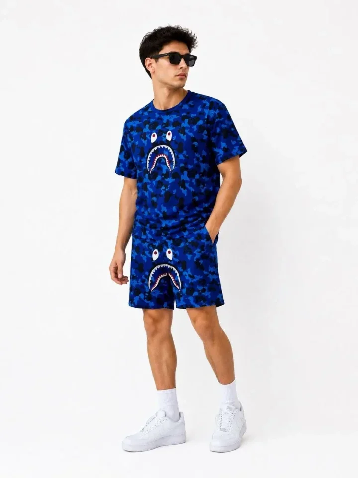 Erkek Oversize Kalıp Pubg Bape X Shark Nakışlı Cepli Şort Takım - Mavi görsel 3
