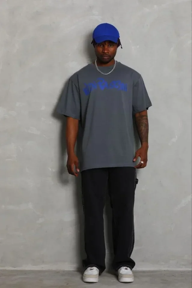 Erkek Baskılı T-Shirt Kısa Kol Bisiklet Yaka Regular Fit Rahat Kalıp Günlük Tişört - Füme görsel 2