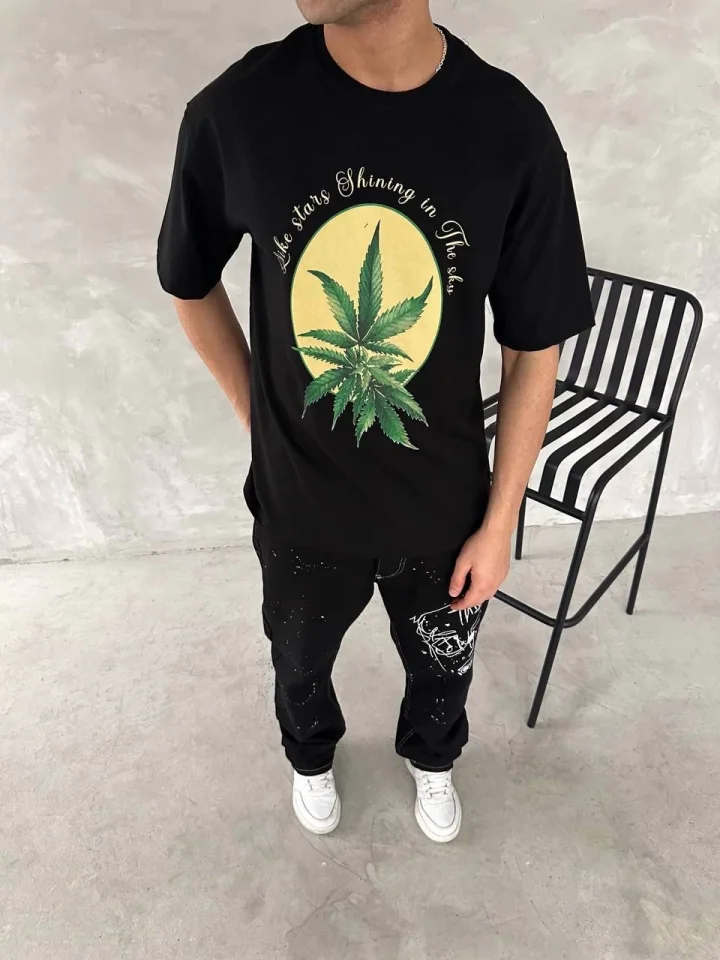 Ön Ve Arka Baskılı Oversize Bisiklet Yaka T-shirt- Siyah görsel 3