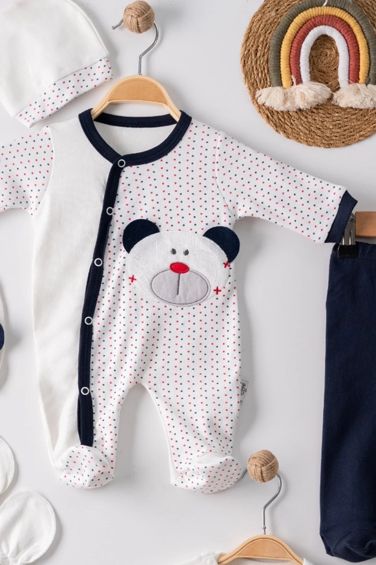 Puanlı Ayıcık Nakışlı Tulumlu % 100 Pamuk Erkek Bebek 5'li Set görsel 3