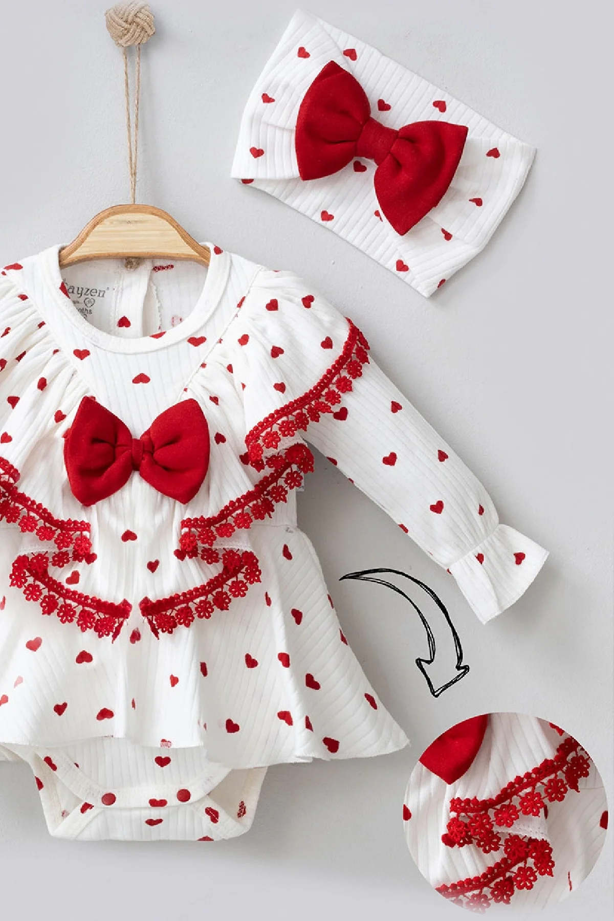 Güpür Detaylı Kalp Desenli % 100 Pamuk Kız Bebek Romper görsel 3