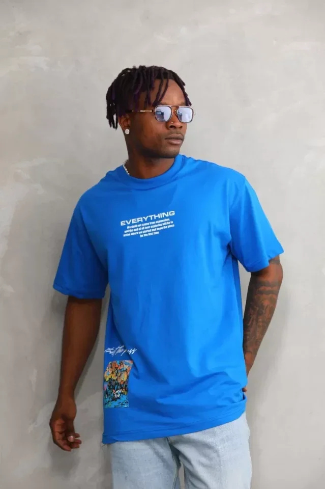 Unisex Bisiklet Yaka Baskılı Oversize T-Shirt - Mavi görsel 3