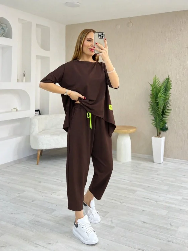 Kadın Kısa Kollu Bisiklet Yaka Viskon Iki Iplik Bluz Ve Pantolon Ikili Takım