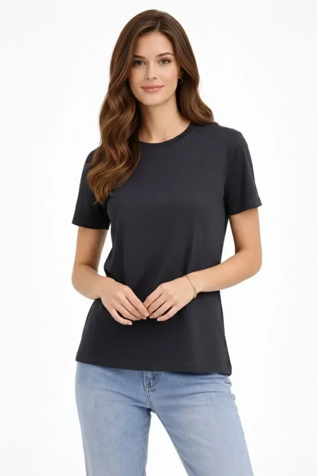 Bisiklet Yaka Tişört Regular Kalıp Basic Pamuklu Günlük Kullanım T-shirt - Füme görsel 3