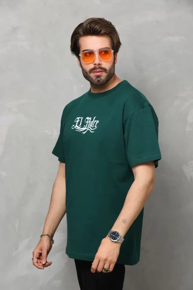 Unisex Bisiklet Yaka Baskılı Oversize T-Shirt - Yeşil görsel 4