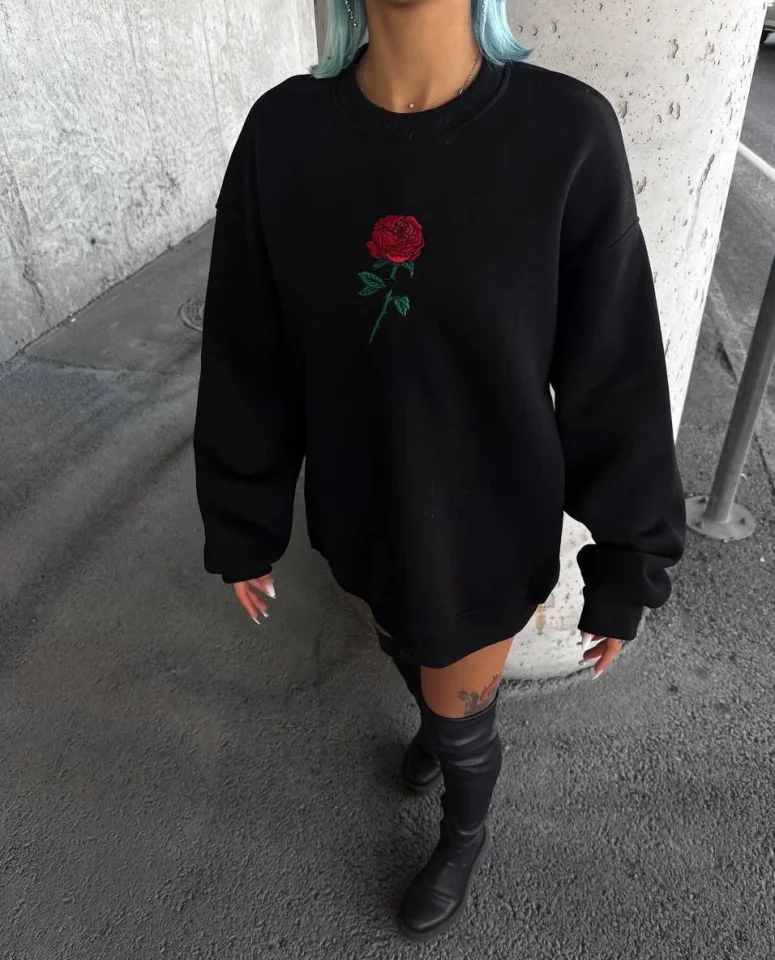 Oversize Üç İplik Bisiklet Yaka Baskılı SweatShirt - Siyah görsel 2