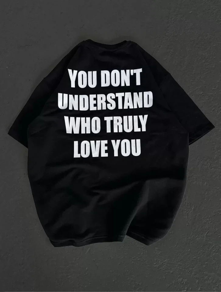 Unisex Bisiklet Yaka Baskılı Oversize T-Shirt - Siyah görsel 2