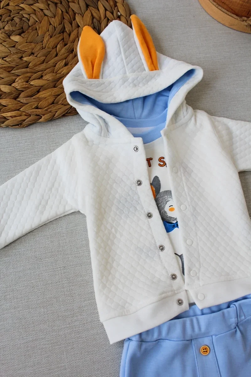 6-9-12 Ay Rabbit Şhow Nakışlı Kapşonlu Ceket Uzun Kollu Sweat Erkek Bebek 3lü Takım görsel 3