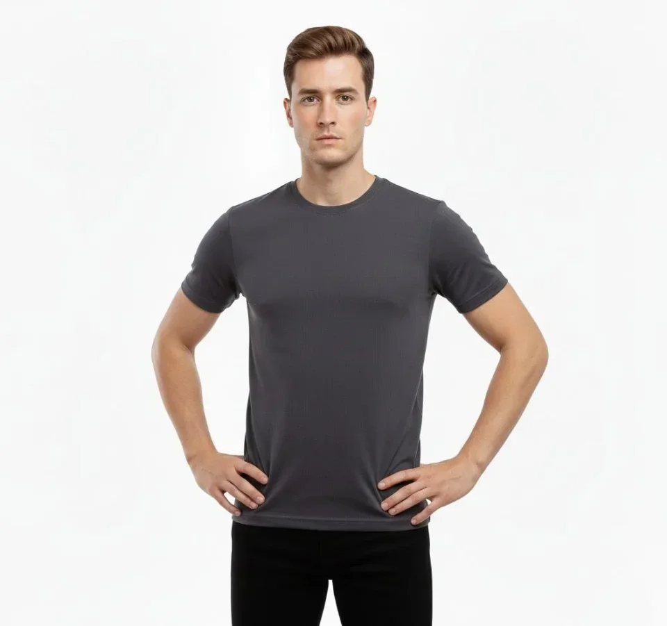 Erkek T-Shirt Bisiklet Yaka Slim Fit Dar Kesim Likralı Tişört Günlük Basic Body - Füme görsel 2
