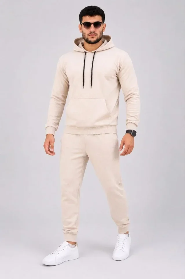 Erkek İki İplik Kapüşonlu Kanguru Cepli Sweatshirt Jogger Pantolon Alt Üst Eşofman Takımı -Bej görsel 4