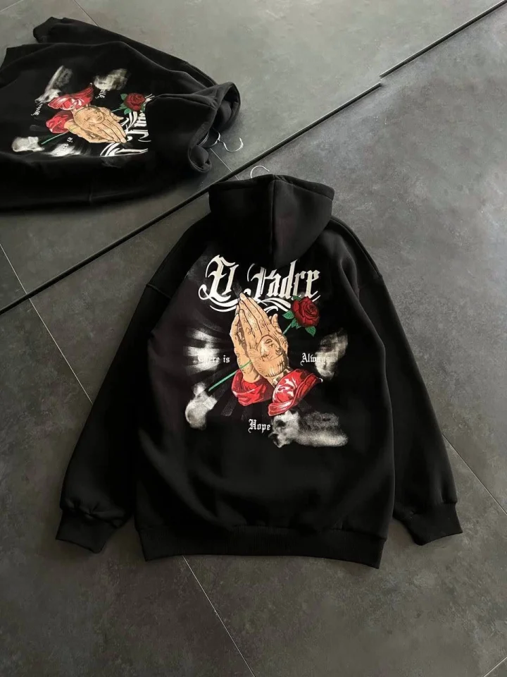 Üç İplik Penye Uzun Kol Kapşonlu Baskılı SweatShirt - Siyah görsel 3