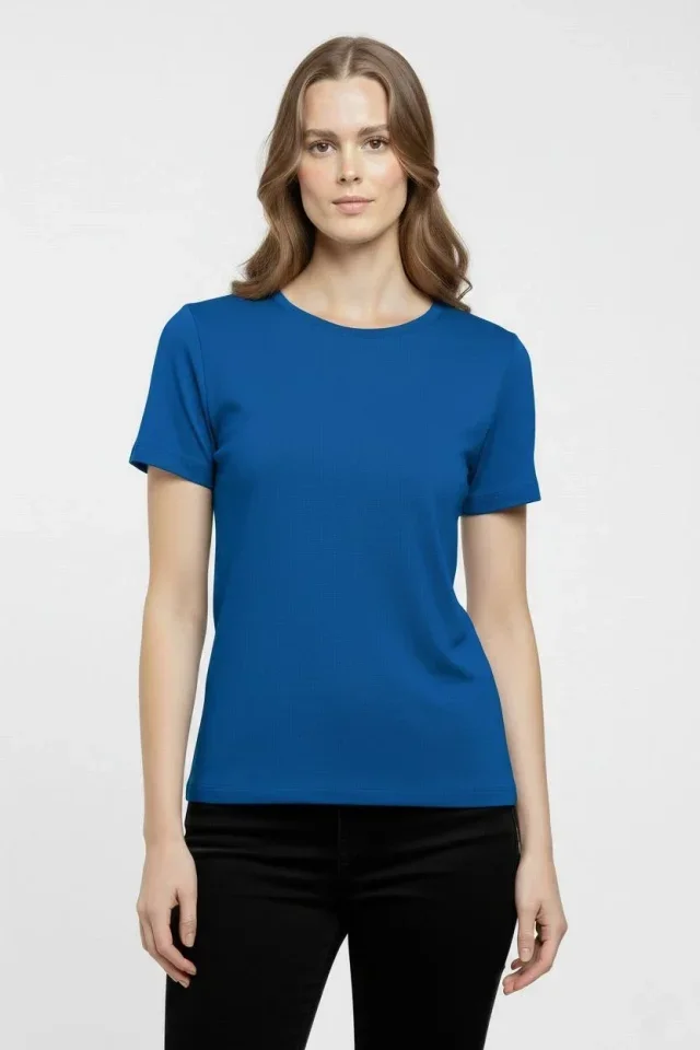 T-Shirt Bisiklet Yaka Slim Fit Likralı Tişört Günlük Basic Body - İndigo görsel 3