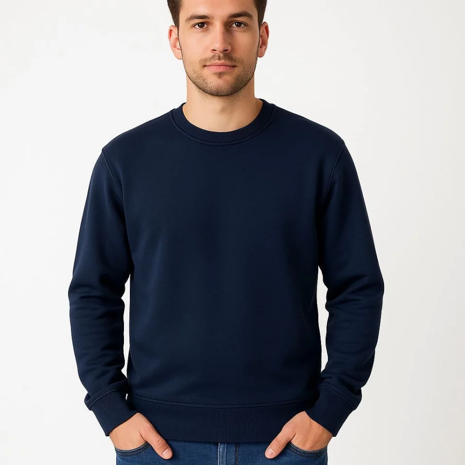 Erkek Üç İplik Düz Bisiklet Yaka SweatShirt - Lacivert görsel 4