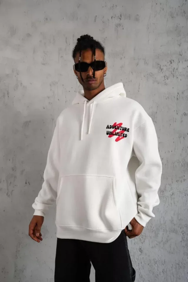Erkek Şapkalı Güvercin Baskılı Kapşonlu Sweat - Beyaz görsel 3