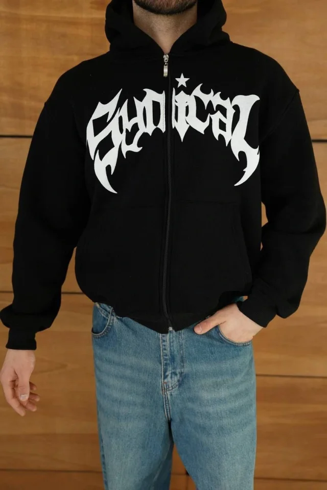 Erkek Kapüşonlu Sweatshirt Hoodie 3 İplik Şardonlu Pamuklu Kumaş, Önü Baskılı, Fermuarlı Rahat Kalıp, Kışlık Ve Sokak Stili Sweat - Siyah görsel 2