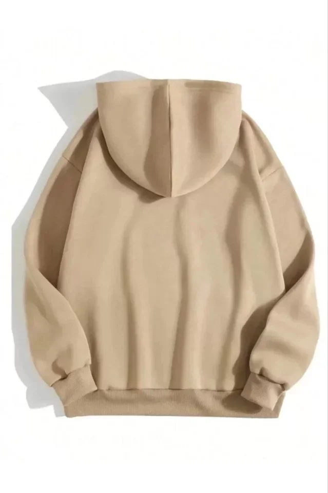 3 İplik Pamuklu Unisex Kapşonlu Sweetshirt - Bej görsel 2