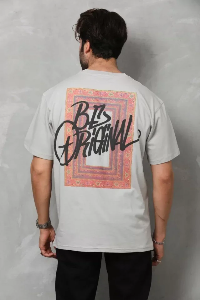 Unisex Bisiklet Yaka Baskılı Oversize T-Shirt - Gri görsel 2