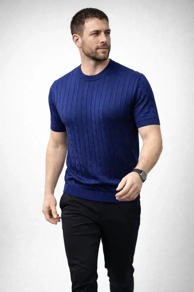 Erkek Yazlık Triko Dokuma Tişört Kısa Kol Bisiklet Yaka Örgü Desenli T-Shirt - Lacivert görsel 3