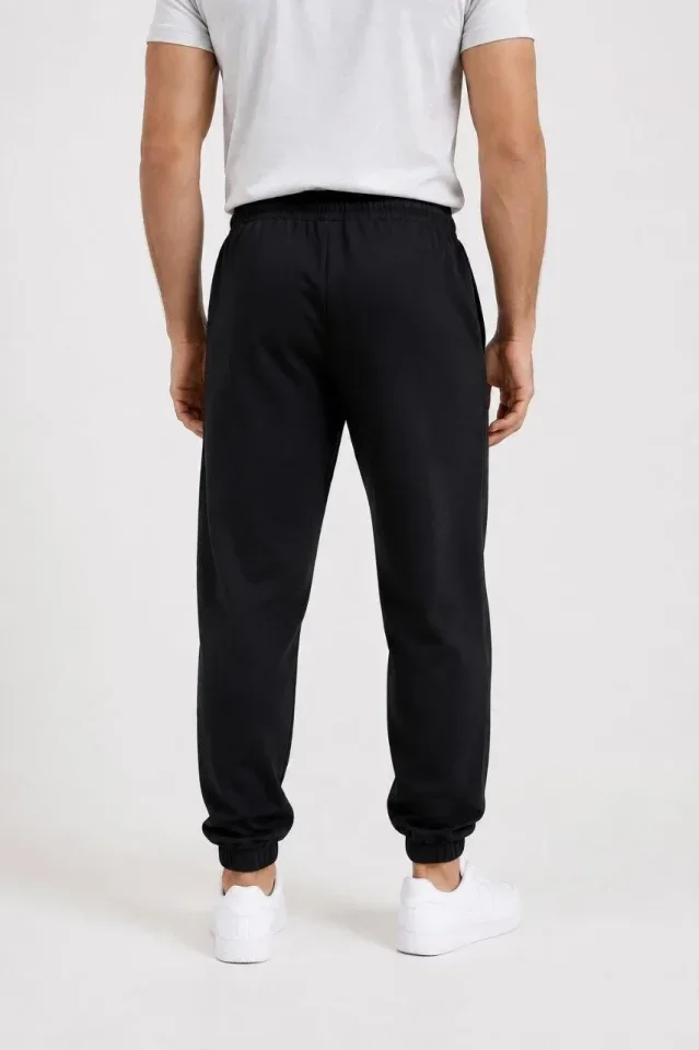Erkek İki İplik Beli Lastikli Bağcıklı Regular Fit Jogger Eşofman Altı - Siyah görsel 3