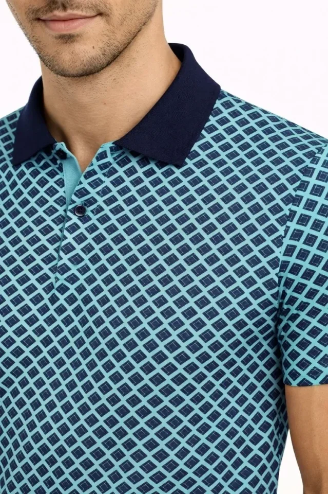Erkek Pike Kumaş Polo Yaka Desenli Tişört Kısa Kol Yazlık T-Shirt - Turkuaz görsel 2