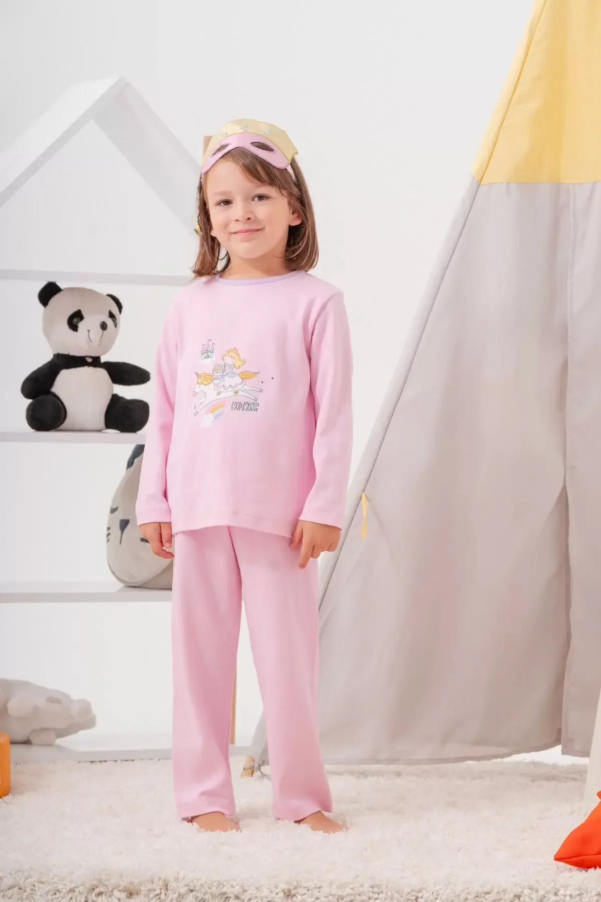 Unicorn Desenli Çanta Ve Maskeli % 100 Pamuk Kız Çocuk Pijama Takımı görsel 7