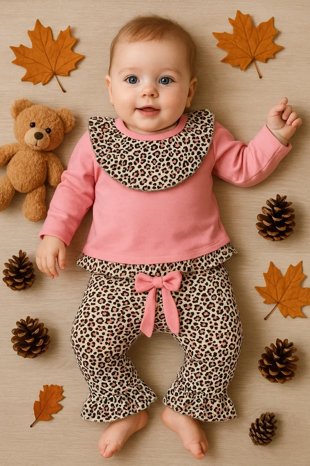 Leopar Detaylı 2'li Kız Bebek Takım %100 Pamuk