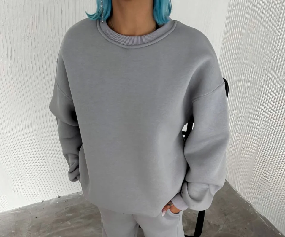 Kışlık Bisiklet Yaka Üç İplik Basic SweatShirt - Gri görsel 2