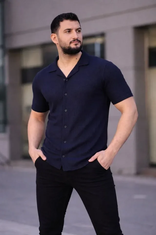 Erkek Waffle Kumaş Kısa Kollu Düğmeli Açık Yaka Regular Fit Gömlek - Lacivert görsel 4