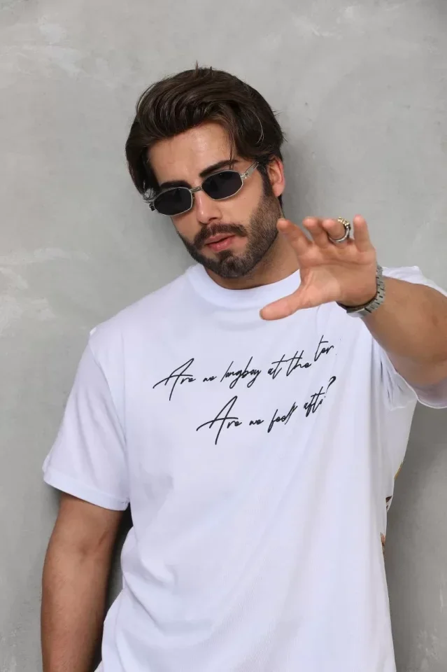 Unisex Bisiklet Yaka Baskılı Oversize T-Shirt - Beyaz görsel 4