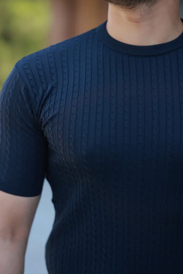 Erkek Bisiklet Yaka örgü Desenli Kısa örme Triko Kısa Kollu T-shirt görsel 3