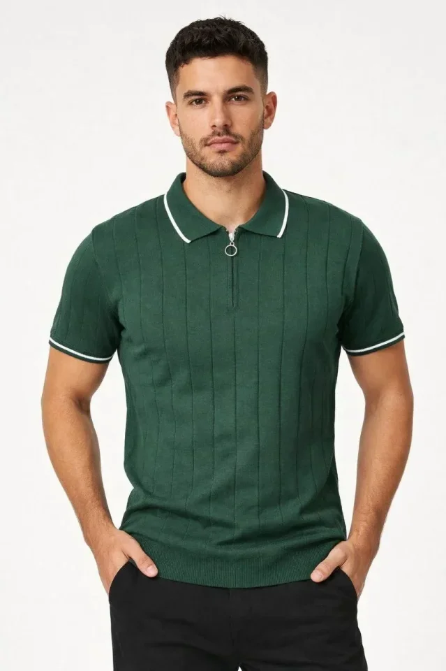 Erkek Fermuarlı Yaka Fitilli Triko Kısa Kollu Regular Fit Tişört T-shirt - Yeşil görsel 4
