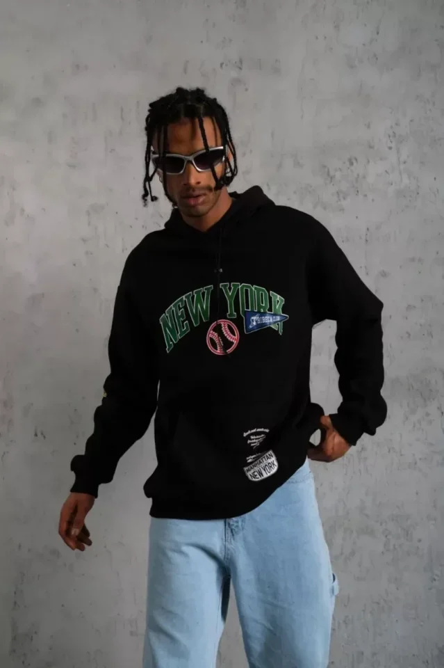 Erkek Baskılı Kapüşonlu Sweatshirt - Siyah görsel 3