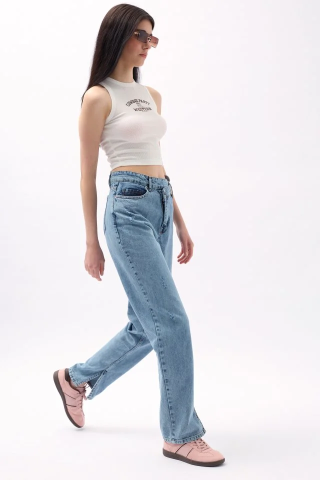Asimetrik Bel Paça Yırtmaçlı Jean görsel 2