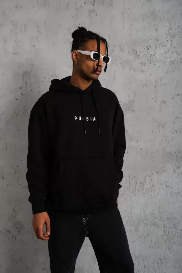 Erkek Astronot Baskılı Kapüşonlu Sweat - Siyah görsel 4