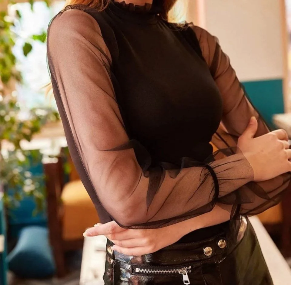 Kadın Yakası Fırfır Detay Kolları Tül Bluz görsel 2