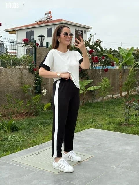 Kadın Kısa Kollu Modal Dokulu Kumaş Yanı şeritli Takım görsel 8